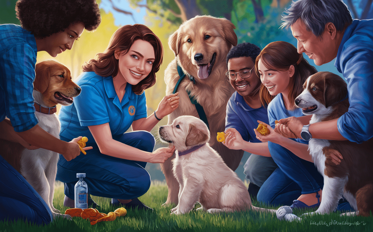 Puppy Socialization and Confidence Building with a Veterinarian A veterinarian interacting with a diverse group of people and their puppies, promoting socialization and confidence building through positive reinforcement training.